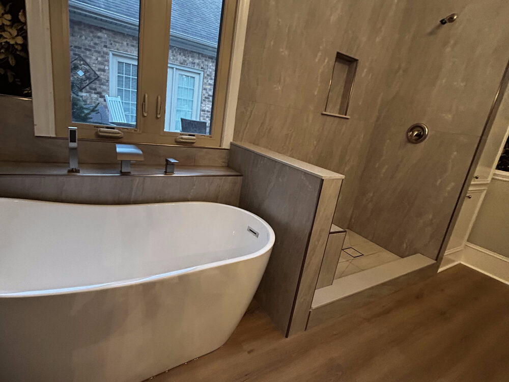 Completed FIG bathroom remodel — freestanding tub detail