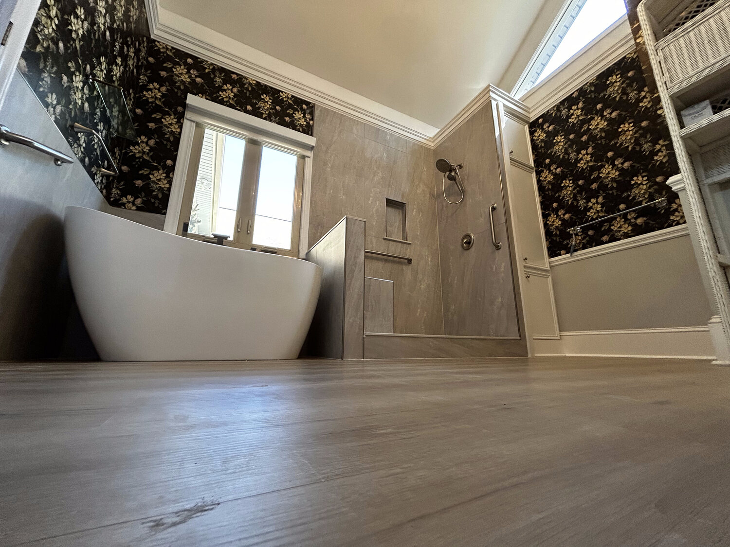 Completed FIG bathroom remodel — freestanding tub, wide view